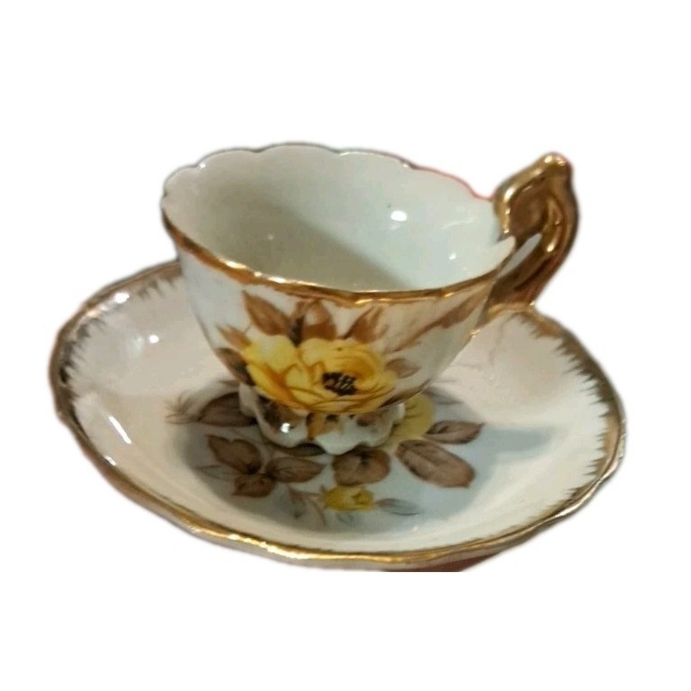 Miniature Yellow Rose Tea Cup Saucer Gold Paint VTG‎ Japan Toy Size Porcelain